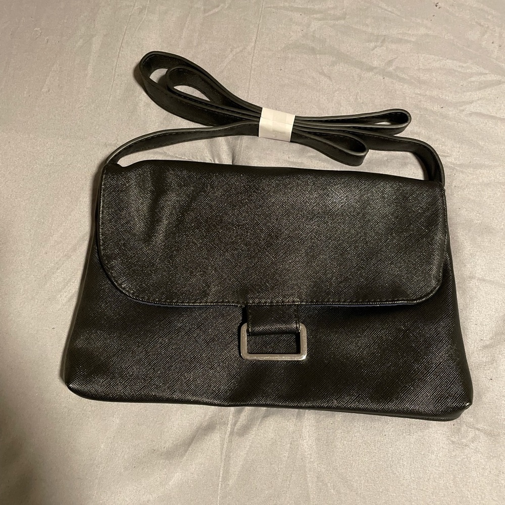 Simple black purse with long strap